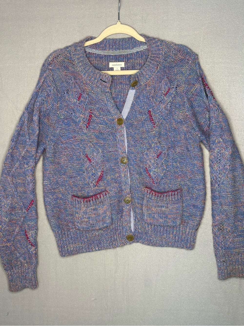 Sundance Multicolor Textured Knit Cardigan Blue Boho Button Front Pockets S